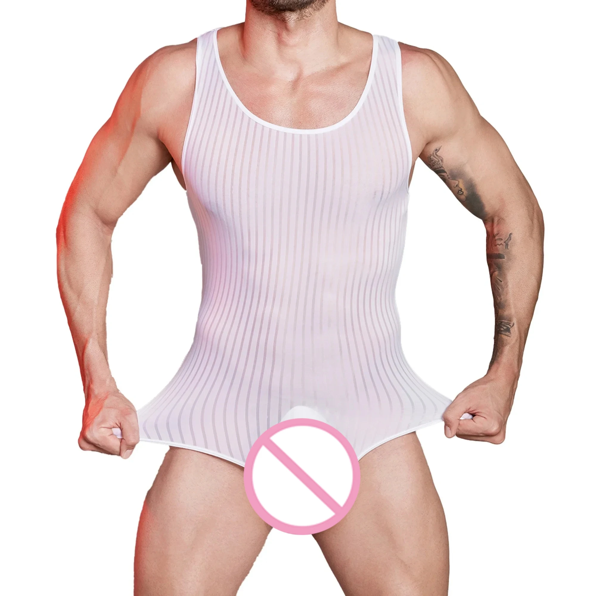 Men's Striped Mesh Breathable Jumpsuits Stretchy Solid Color One-pieces Underwear Leotards Sheer Bodysuits Sexy Rompers Pajamas