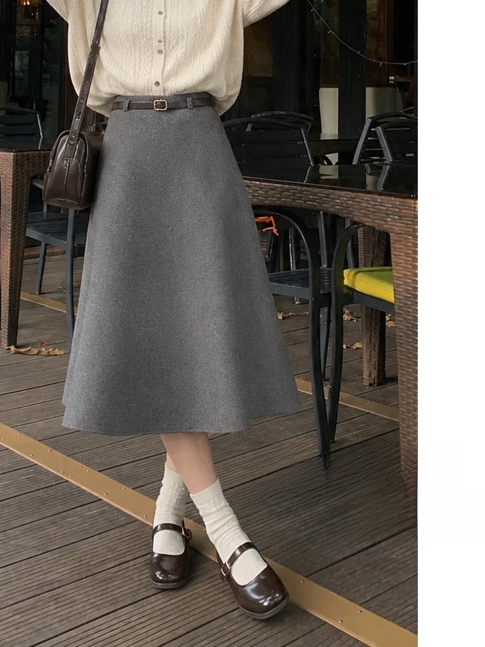 Thickened Woolen  Skirt High Waist Straight A-Line Umbrella Skirt Women's Autumn Winter Slimming Mid-Length Retro Style