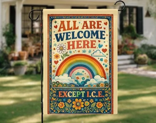All Are Welcome Here Garden Flag, Rainbow Floral Yard Flag, Double Sided Outdoor PPZ
