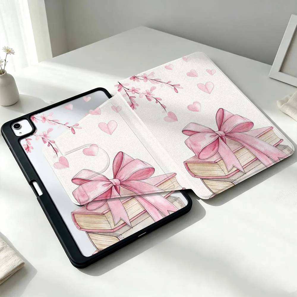 Pink Book With Bow Heart For Xiaomi Mi Redmi Poco Pad 8 7 7S 6 6S 5 SE Pro Ultra 360° Rotation Stylus Storage Tablet Case