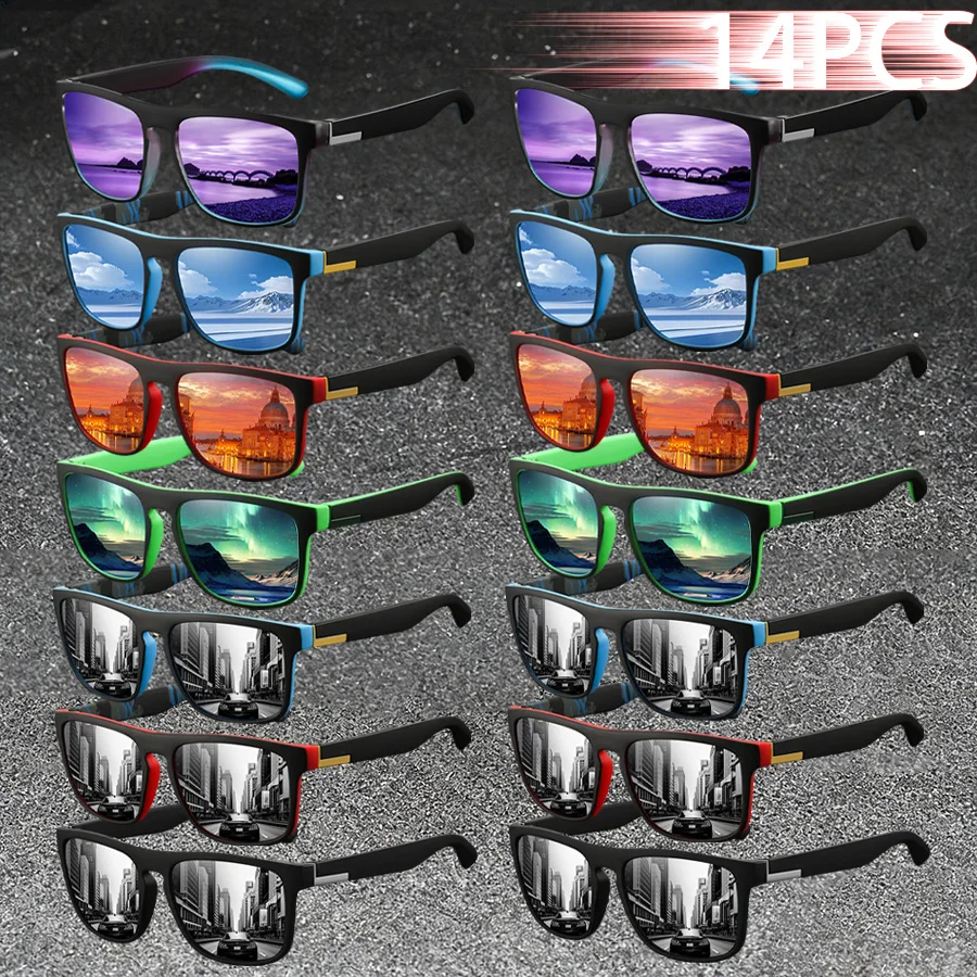 

14 шт. Модные классические солнцезащитные очки с цветными полосками, квадратные, для мужчин и женщин, для путешествий, вождения, рыбалки, дизайнерские солнцезащитные очки для мужчин