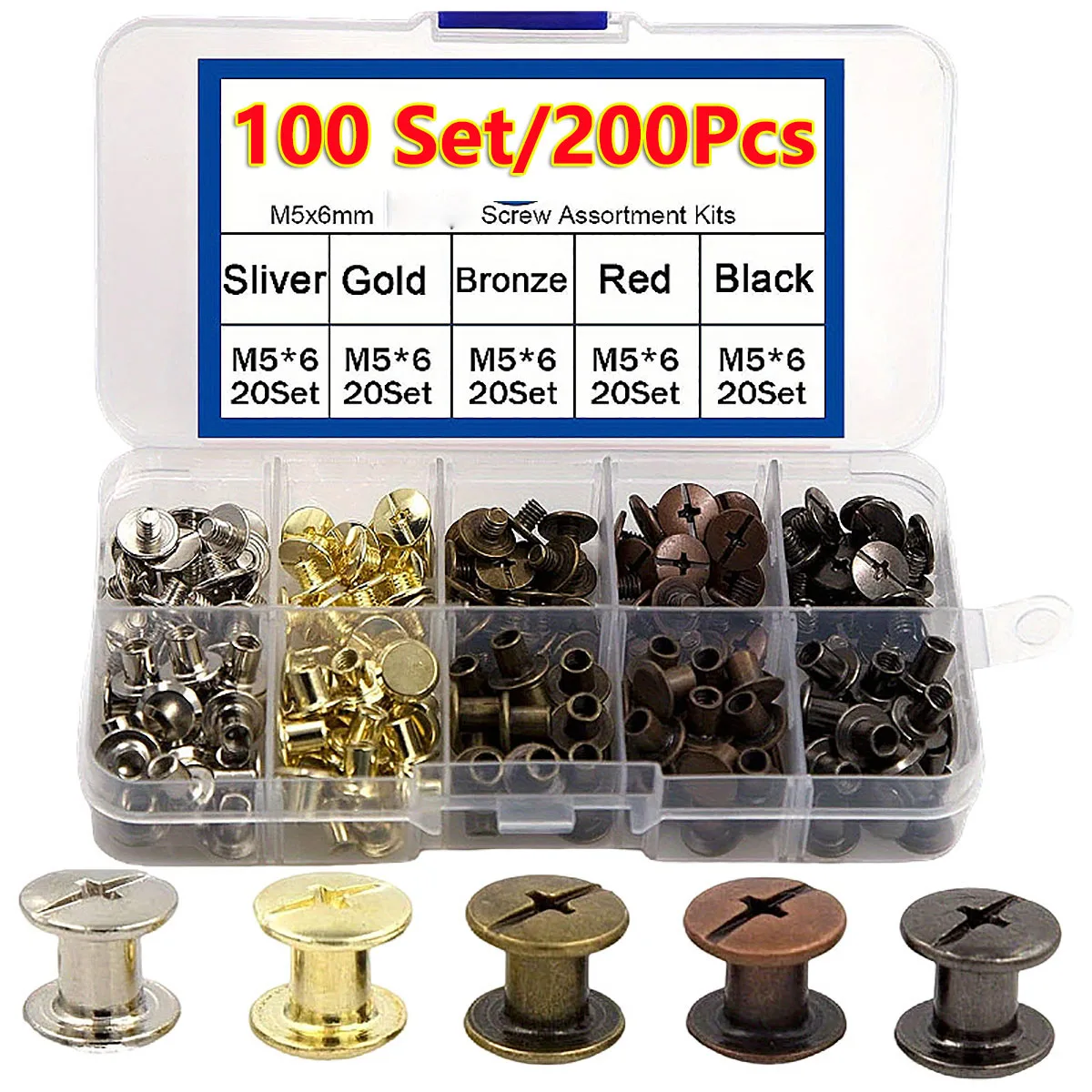 

100Set/200Pcs Multicolor Screw Assortment Solid Bronze Binding Post Rivets for Leather Craft Bookbinding Bag Shoes Wallet Making