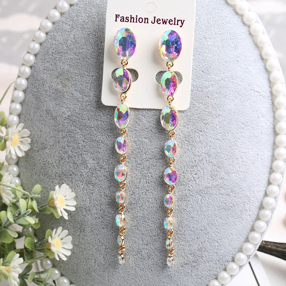 Prom Party Jewelry Women\'s Fashion Accessories Gold Color Long Blue Gems AB Crystal Rhinestone Hanging Drop Earrings for Women