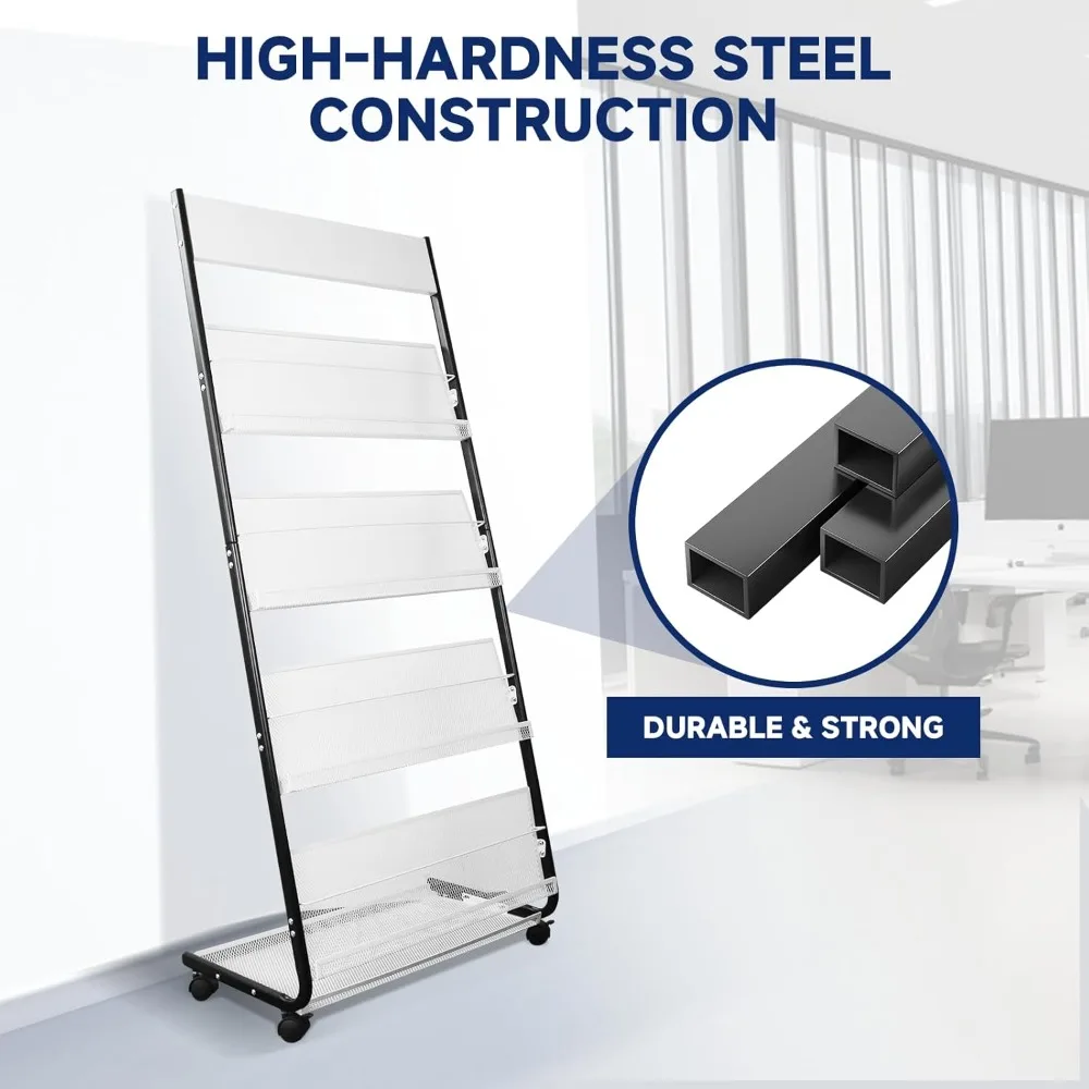 رف مجلات مكون من 4 طبقات قائم على الأرض مع عجلات - مثالي لعرض الكتيب في المعارض والمكاتب ومراكز المعلومات