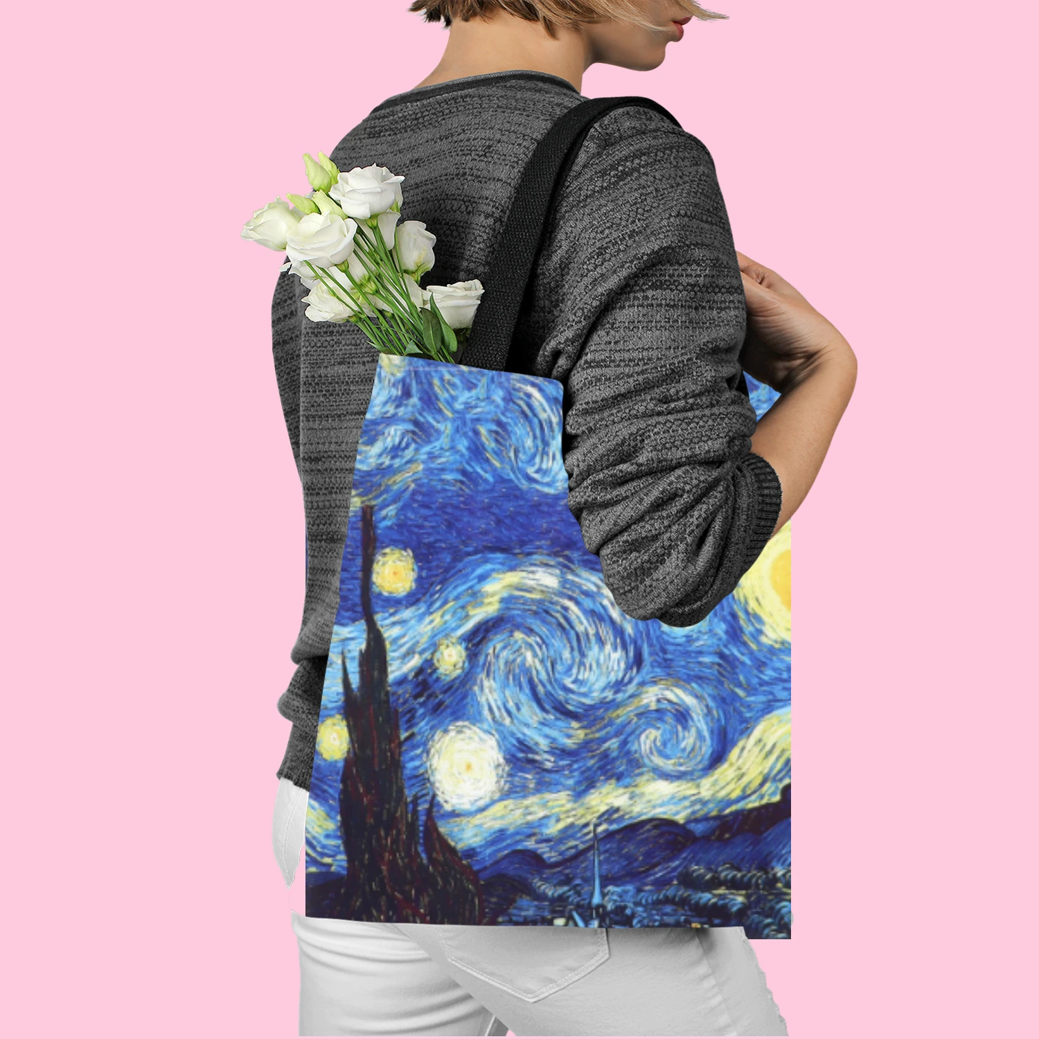 

Van Gogh Series Canvas Bag Oil Painting Starry Night Sunflower Apricot Flower Coffee Holder Handbag Lightweight Shoulder Bag