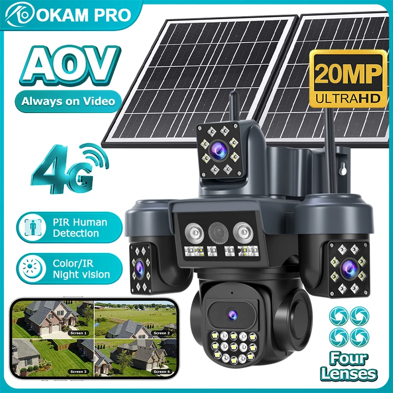 

OKAM PRO 16000 мАч Аккумуляторная солнечная камера AOV с 4 объективами, HD 20 МП, 4G, с подсветкой, сигнализацией, умным ИИ-обнаружением человека, ночным видением и функцией интеркома