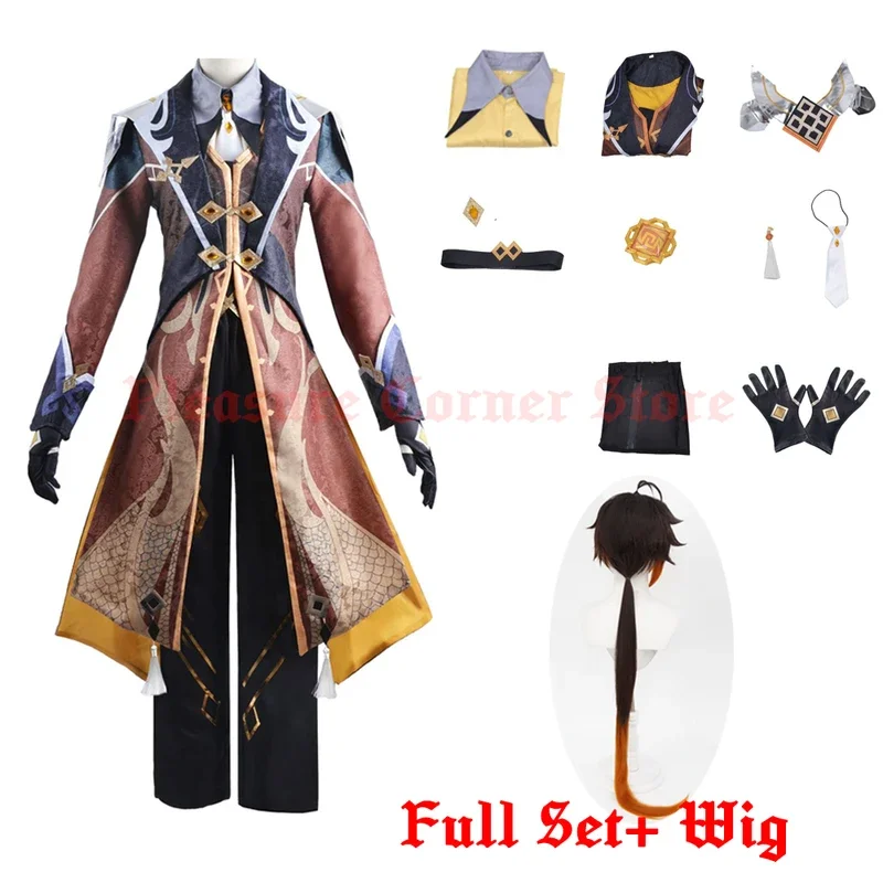 Jogo Genshin Impact Zhongli Cosplay Traje, Zhong Li Uniforme de Combate, Arconte Conjunto Completo Terno com Peruca, Roupas Morax