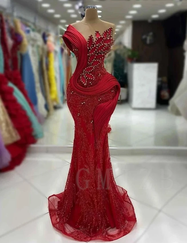 

Aso Ebi Evening Dresses Long Luxury Mermaid One Sleeves Beaded Rhinestone Leaf Red Chic Birthday Prom Party Gowns for Wedding