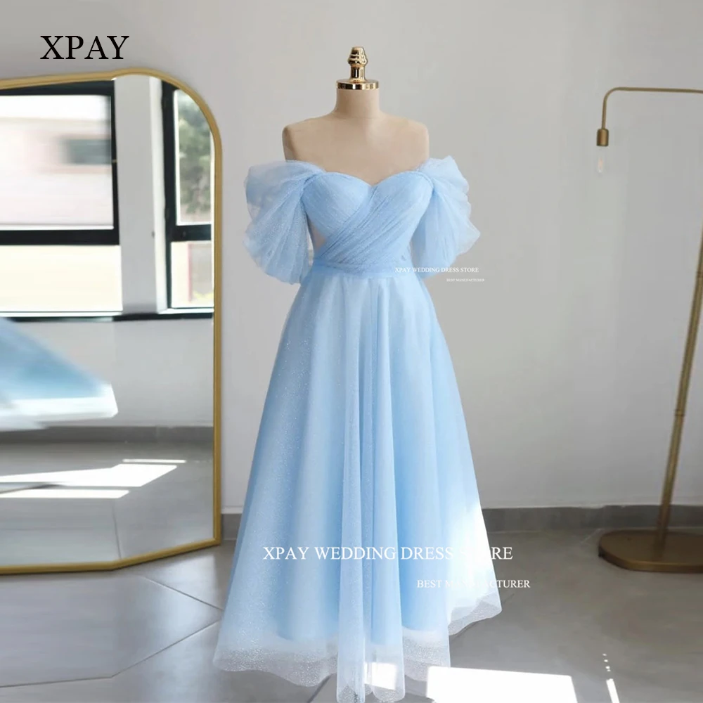 

XPAY Lavender/ Light Blue Tulle Glitter Prom Dresses Off the Shoulder Glitter Short Sleeves Ankle Length Evening Party Gowns