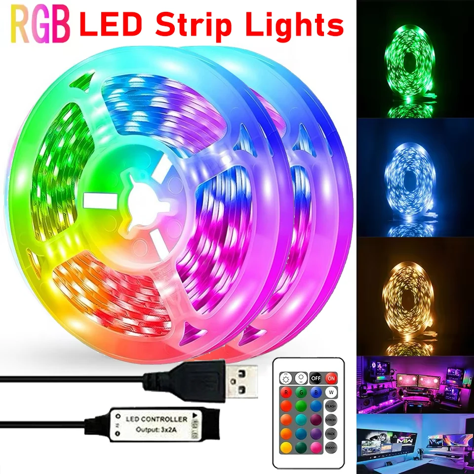 LED Strip Light RGB With USB 24Key Infrared Remote Control For Color Change Brightness Flexible Ribbon, Suitable For Room Wall Decor TV Backlights Festival Party Atmosphere Decoration Lamp