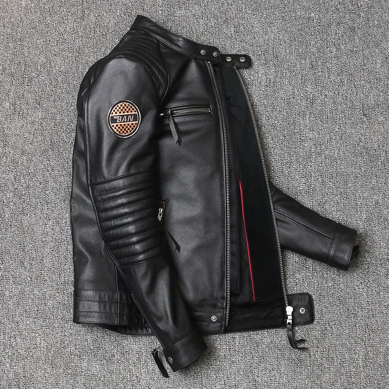 Chaqueta de motocicleta de cuero genuino para hombre, chaquetas de motorista, abrigo delgado de cuero de vaca, Primavera