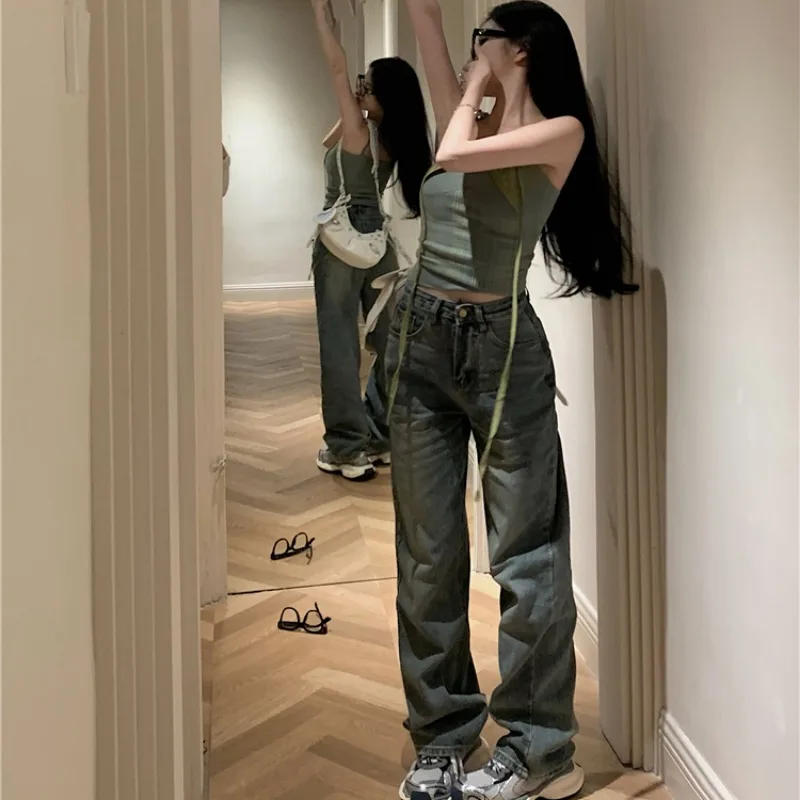 

Cool Girl High Waist Wide Leg Straight Cut Jeans Versatile Casual Blue Denim Trousers for Young Women Trendy Long Pants