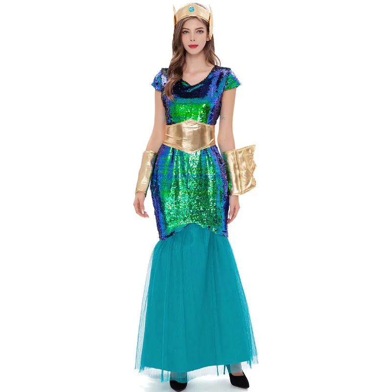 Adult Golden Poseidon Mermaid Halloween Costume Women  Men Greek Mythology Olympian God King of the Sea Dress up Carnival Purim