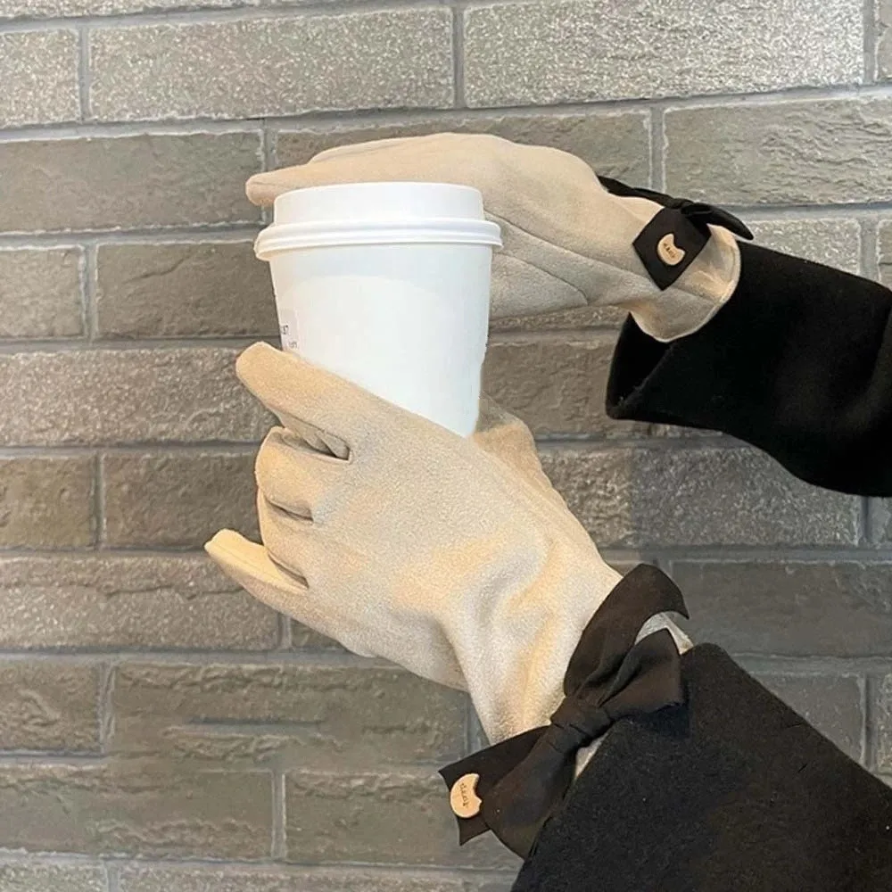 

Подарочные перчатки с двумя пальцами, мягкие утолщенные замшевые перчатки с сенсорным экраном, женские антихолодные варежки с бантом из полиэстера, осень