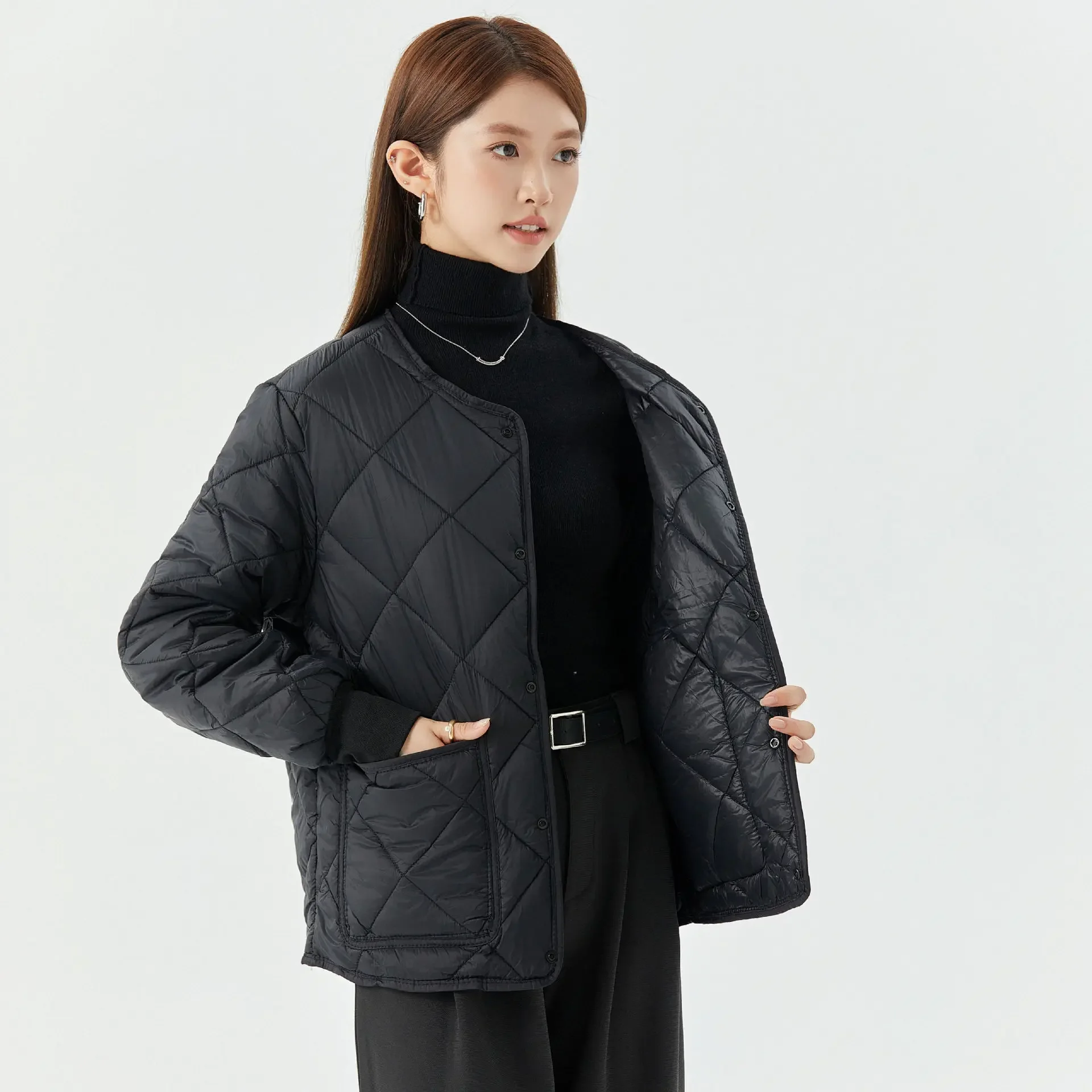 Ladies Winter New Fashion Thin Solid Color Loose Warm Padded Jacket, Casual Fleecing Single-breasted Jacket with Pockets Women