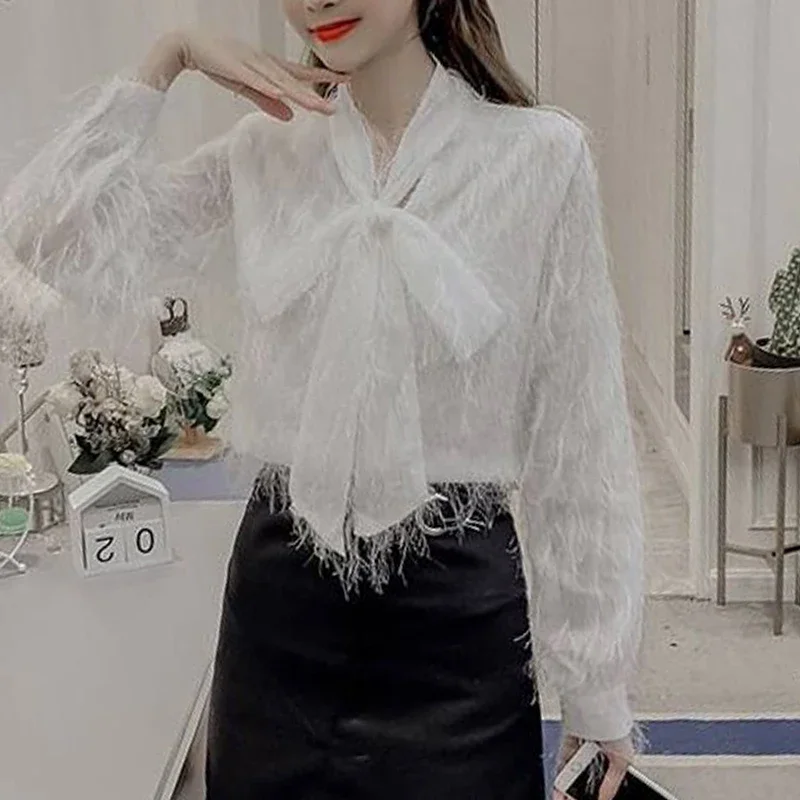 Autumn Shirt Office Lady Solid Color Chic Shirt Women Stylish Aesthetic Solid Color Drawstring Bright Silk Lantern Sleeve Top