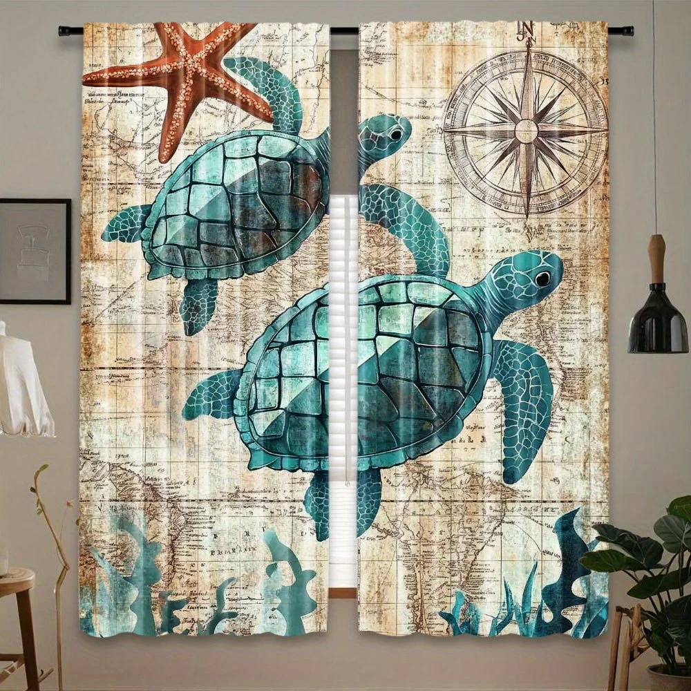 Nautical Ocean Life Coastal Decor Curtains Beach Style Window Drapes Tropical Sea Turtle Starfish Map Print