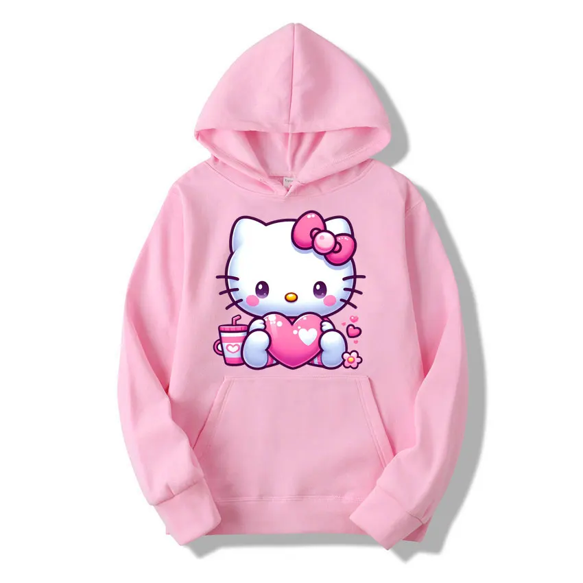 2024 New Fashion Women Hoodie Hello Kitty Heart Cartoon Anime Men Pullover Spring Autumn Pink Couple Sweatshirt Clothes Tops