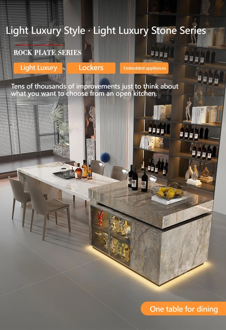 Italian light luxury Style Kitchen Island w/Glass Door Storage -Custom Stone Table & Heat-Resistant Countertop for Modern Home