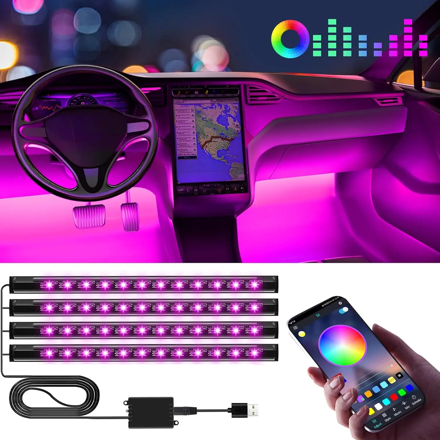 USB App-Controlled LED Car Interior Lights with Music Sync, Color Change for Decor and Gifts