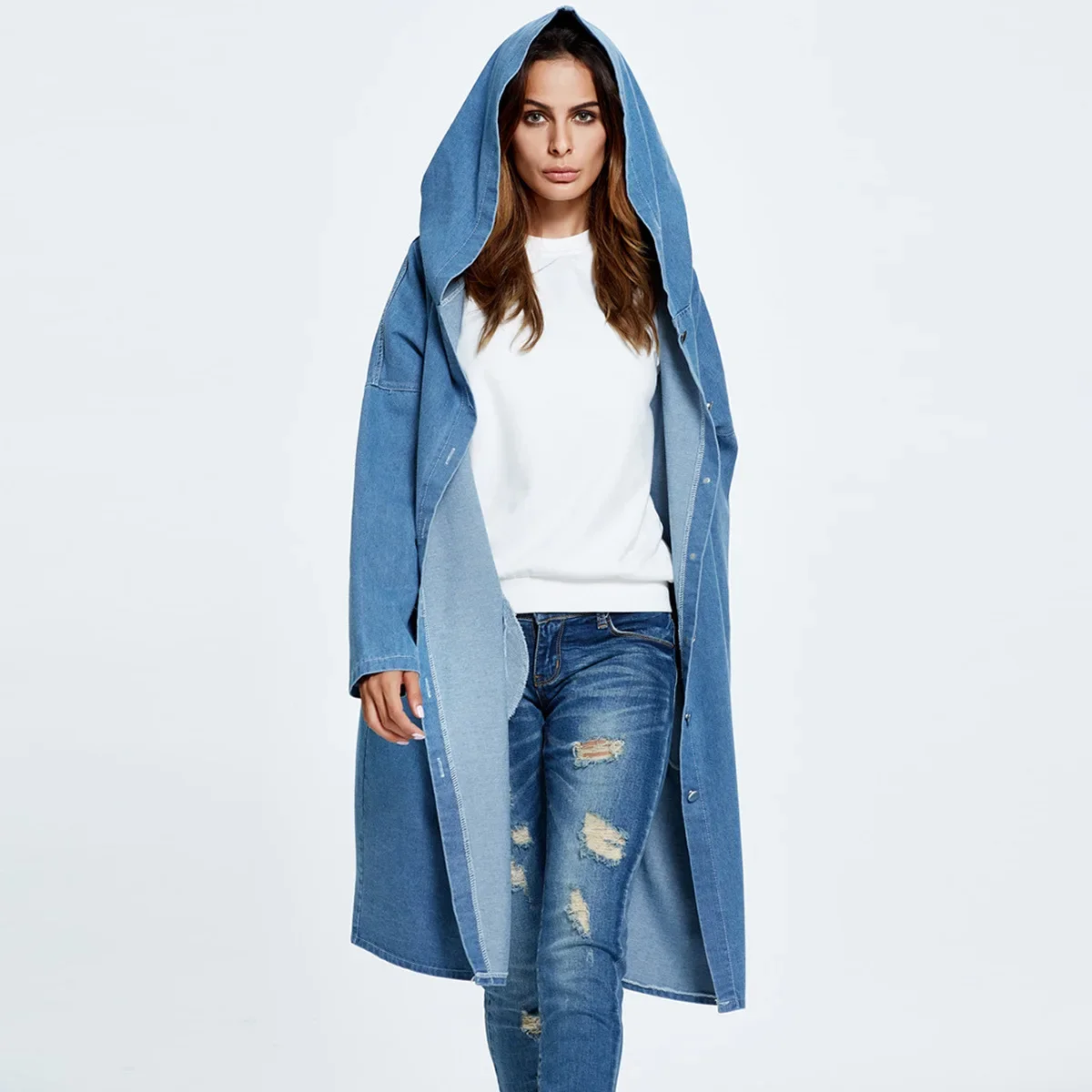 

Women Trench Hooded Single Breasted Button Denim Jackets Cardigan Long Sleeve High Street Solid Pockets Washing 2024 Loose