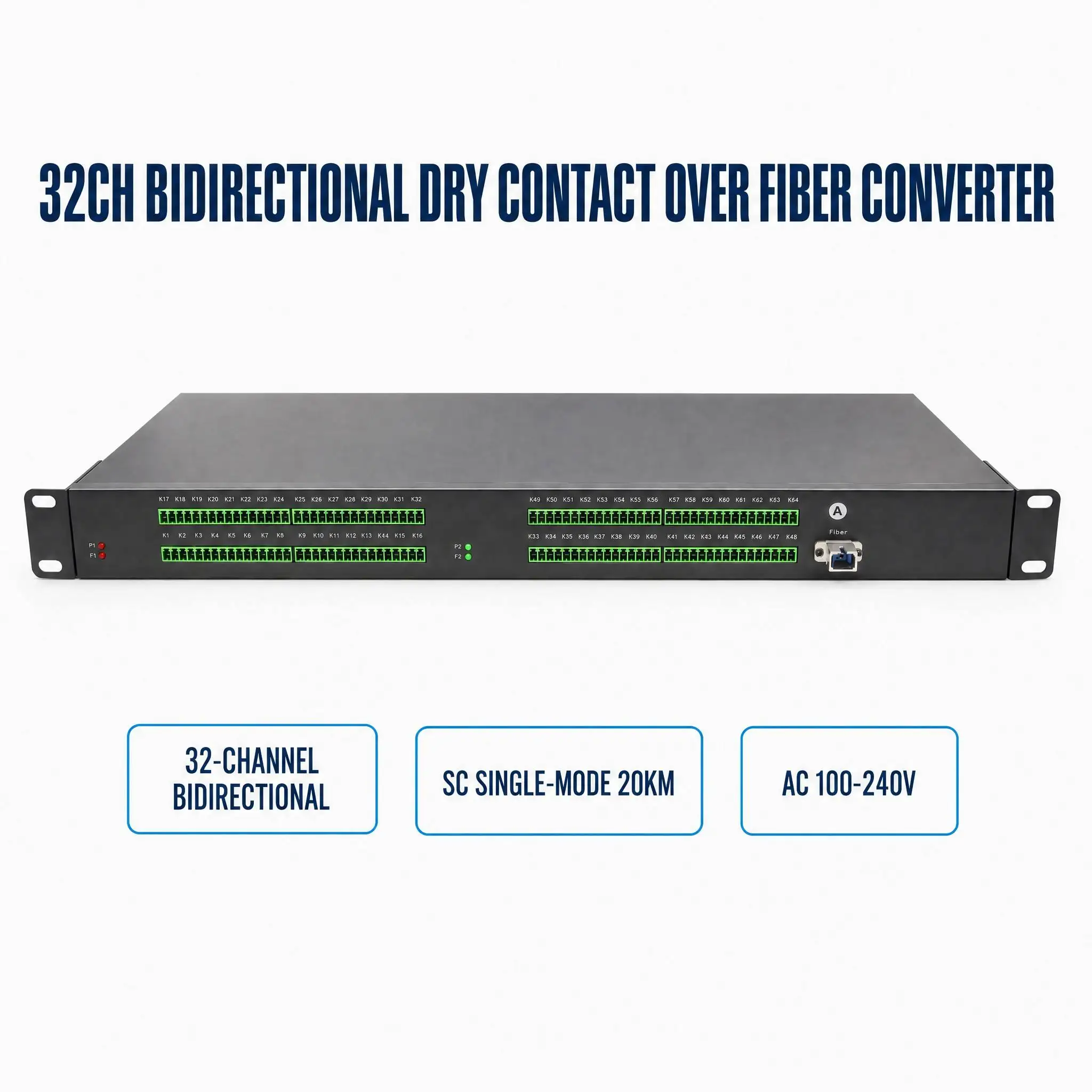 OEM ODM Custom 32 Channel Bidirectional Dry Contact Closure Fiber Media Converter 19 Inch 1U Rack Mount AC100-240V in Stock
