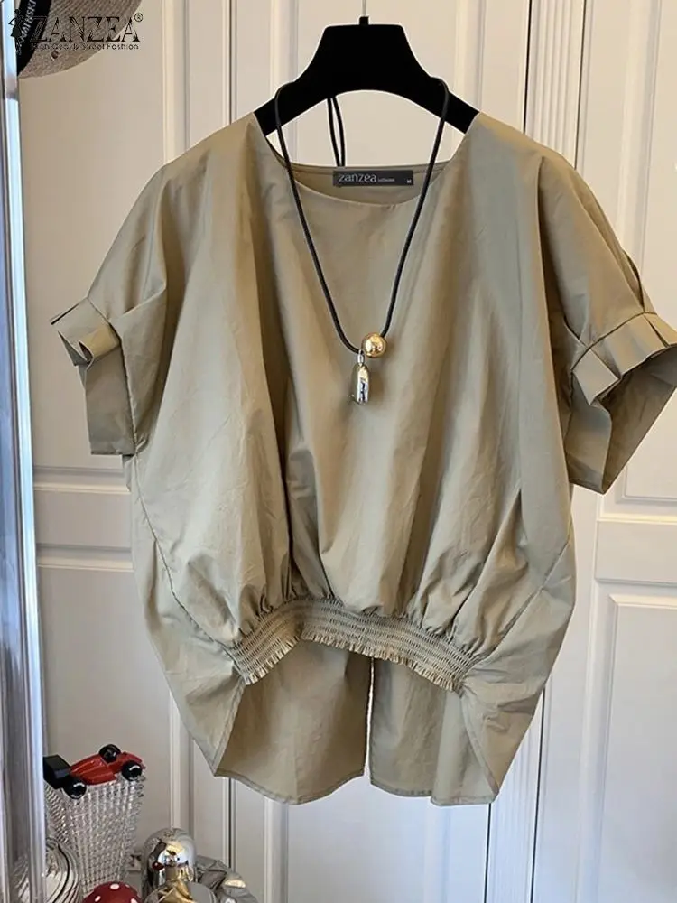 2024 Zanzea Zomer Blouse Vrouwen Mode O Hals Korte Mouw Tops Casual Losse Shirt Dames Elegant Effen Ol Werk Blusas Tuniek