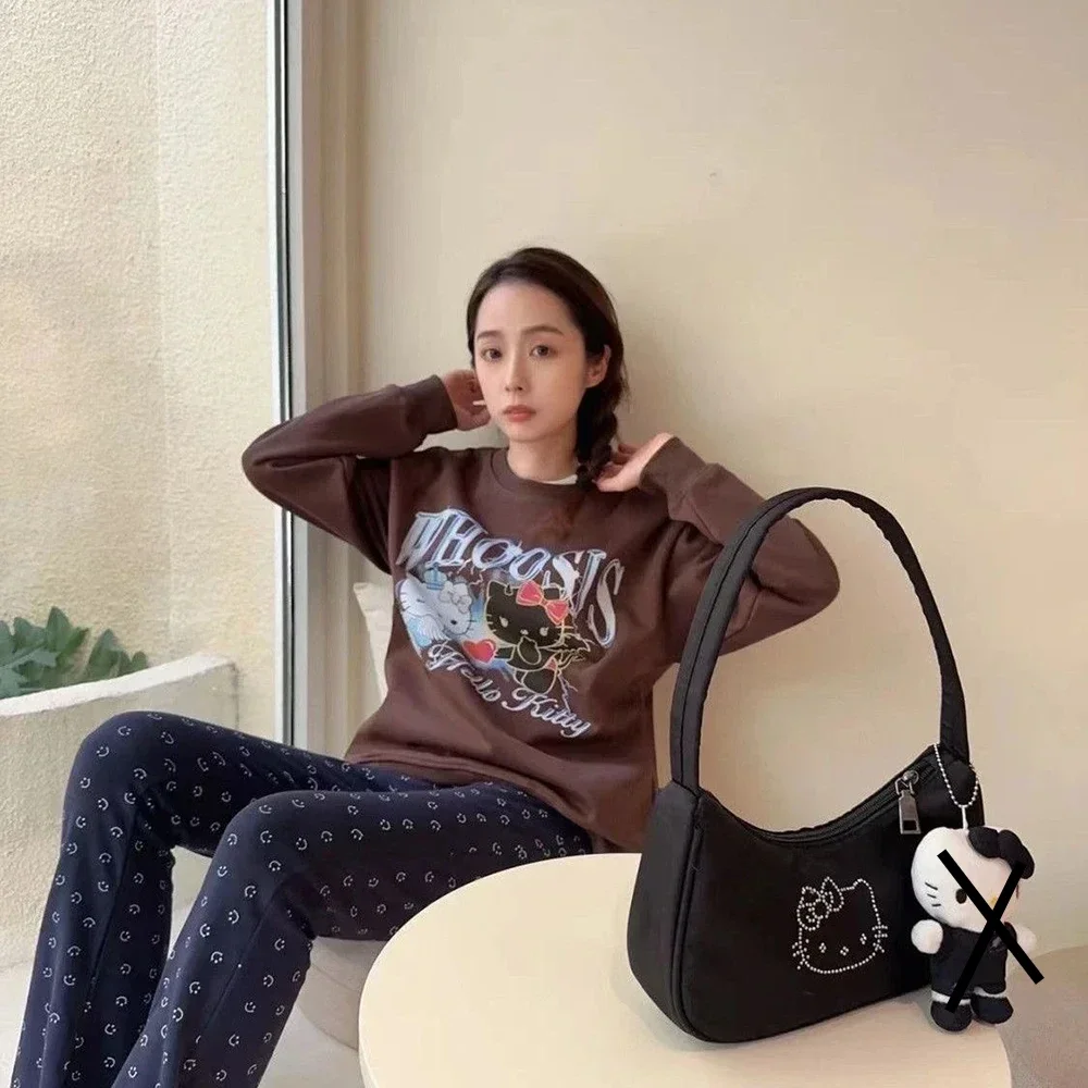 New  Hello Kitty Canvas Tote Bags Women Fashion Rhinestone Black Handbags Y2k Female Cartoon Korean Black Underarm Bag