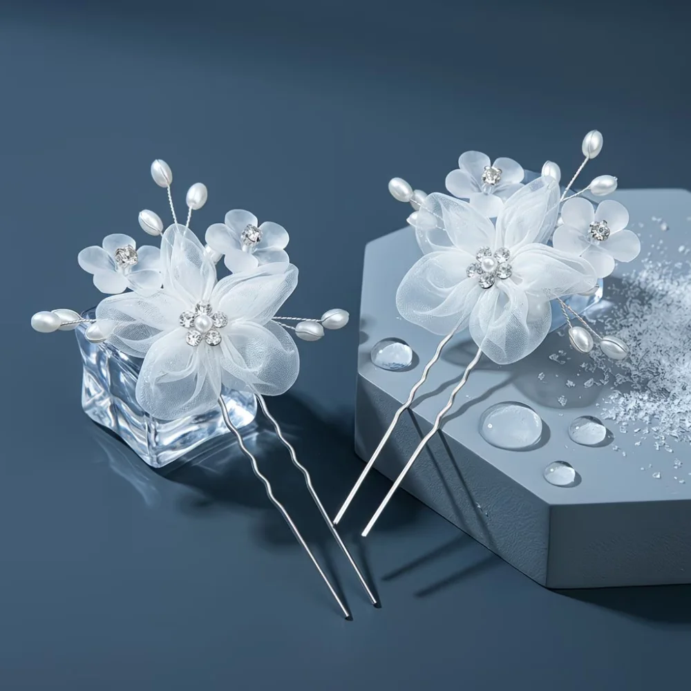 2-Piece White Organza Flower Wave U-Shaped Hair Fork Hairpins, Suitable for Wedding Bridal Updo and Photo Hairstyle Decoration