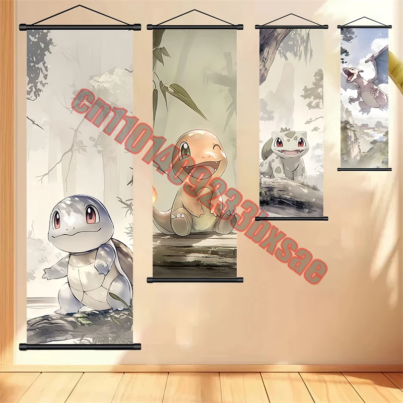 

Japanese Classic Anime Pokemon Charmander, Bulbasaur, Charizard, Squirtle Art Scroll Painting Suitable for Bedroom Decoration