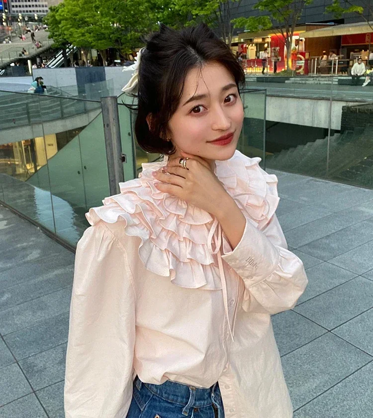 Japanese Style Blouse Women Detachable Frill Lace-up Collar Long Sleeve Cotton Shirt 2024 Autumn New Elegant Ruffles Blouses Top