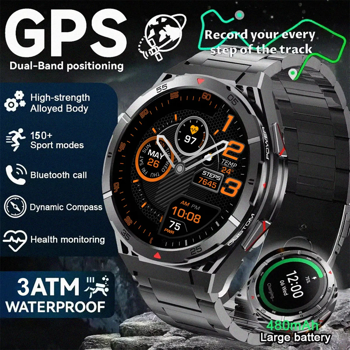 

2025 New GPS outdoor Smart Watch For Men Smartwatch Compass Altimeter Barometric 3ATM IP69K Waterproof AMOLED Mens bracelet