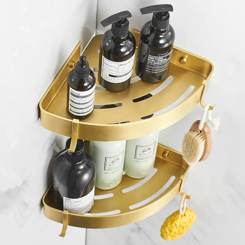 Brushed Gold Metal Bathroom Corner Shelf Wall Storage Rack Drilling Large Wall Shelf for Storage Single Or Double Lever Holder - view 3