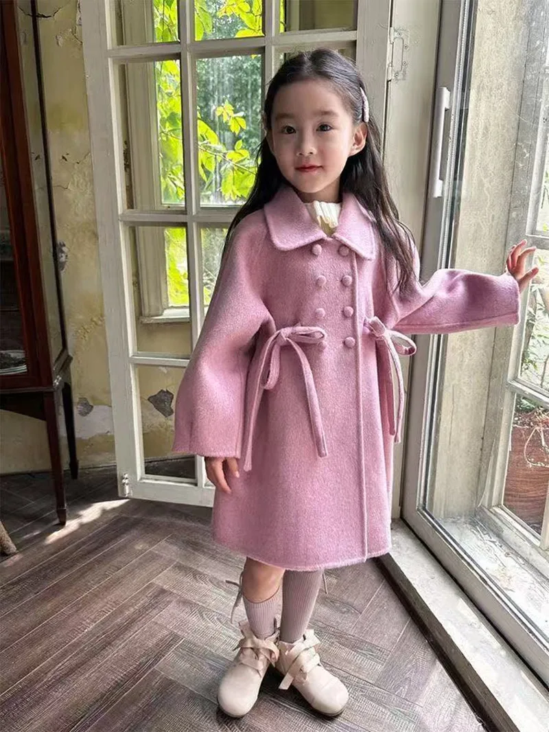 

Kids Autumn and Winter Baby Girls' Woolen Coat New Sweet Pink Purple Double Breasted Overcoat for Children 90-140cm