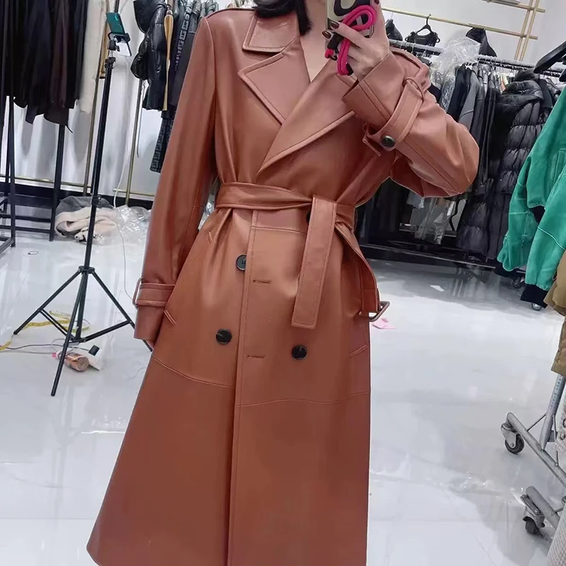 Retro Brown Leather Jacket Women Sheepskin British Style Lapel Double Breasted Belt Loose Long Trench Coat Kurtka Damska Zimowa