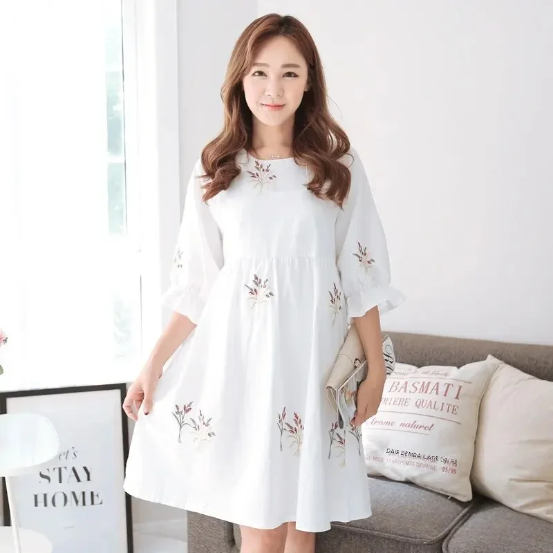 2024 New Maternity Wear Summer Dress Three-quarter Sleeves Large Size Mid-length Korean Style Small Floral Loose Maternity Dress