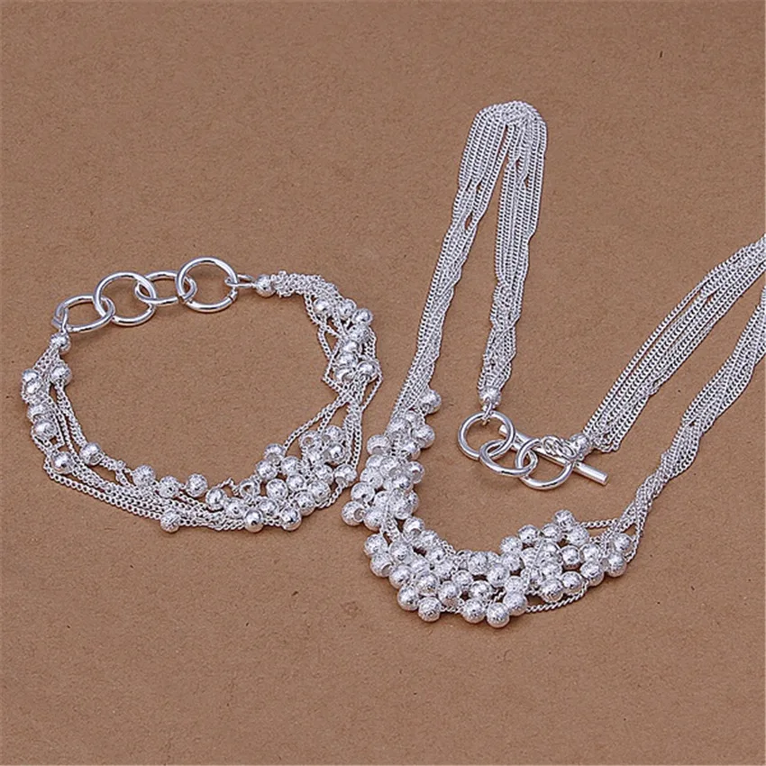 

Hot charm 925 Sterling Silver Bracelets necklace Jewelry set for women classic Fringe line frosted beads Fashion Party Gifts