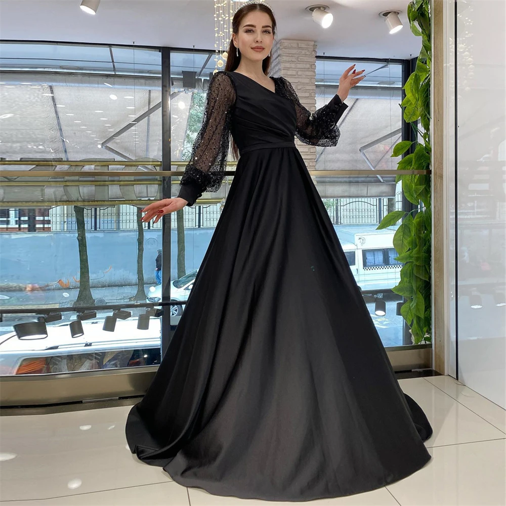 

Fashion Black V-Neck Sequins A-Line Satin Formal Occasion Prom Dresses Floor-length Women Evening Party Dress فساتين السهرة