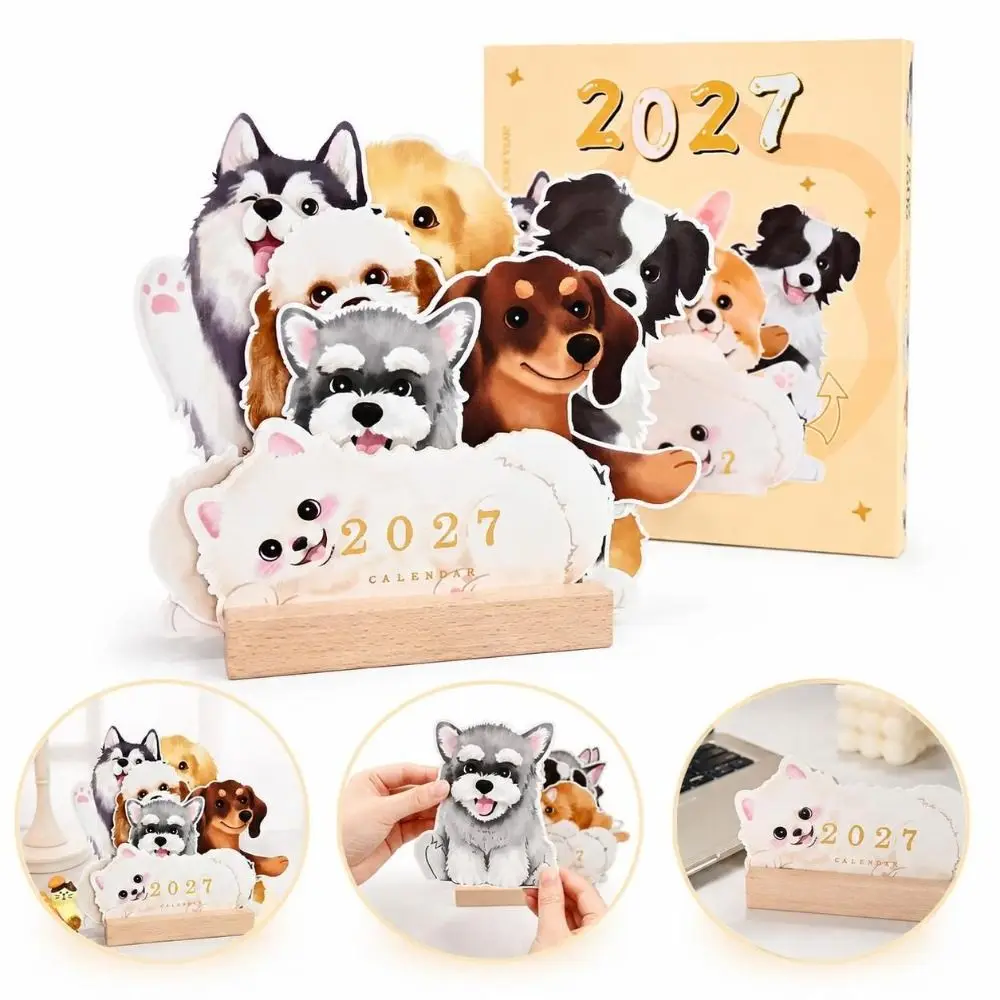New Dog/Cat 2027 Desk Calendar Pop-Up Monthly Planning 3D Pop-Up Calendar with Wooden Base Dog Calendar Desktop Display