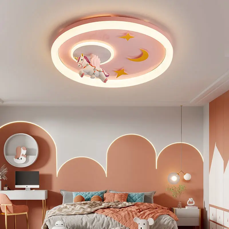 Pink Children's Room Ceiling Lights LED Girl Bedroom Light Flying Unicorn In The Air Modern Creative Princess Room Ceiling Lamps