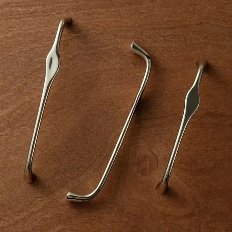 Titanium Silver Curved Cabinet Pulls Elegant Waist Shaped Solid Brass Drawer Handles and Knobs Gloss Silver Flowing Line Handles