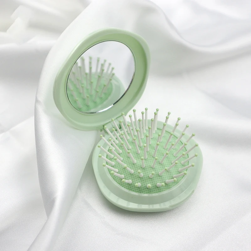 Foldable Petal-Shaped Cushion Brush with Round Mirror - Colorful Portable Makeup Comb for Travel