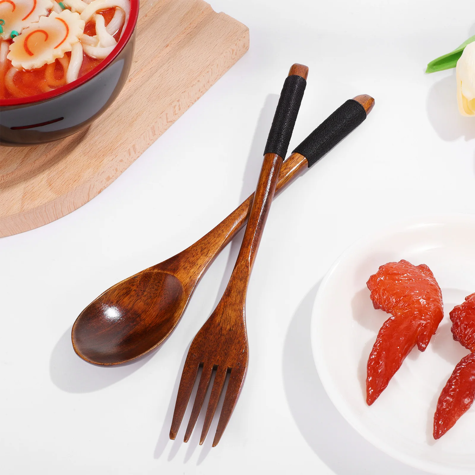 

Fork and Spoon Tableware Flat Reusable Travel Utensils Camping Stainless Steel Cutlery Wood Eating Natural
