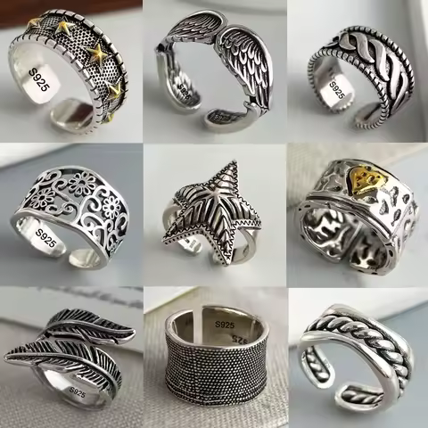 925 Sterling Silver Rings for Women Couple Minimalist Handmade Simple Retro Flower Heart Ring Fine Jewelry Gift Prevent Allergy