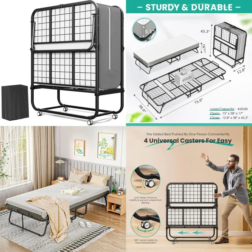 

Portable Rollaway Bed with Memory Foam Mattress - 75 x 38 Folding Guest Bed for Adults with 5 Inch Mattress and Metal Frame