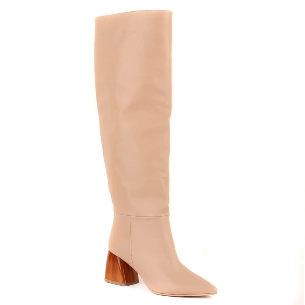 Moxee-beige, Sepatu Bot Wanita Hak Tinggi