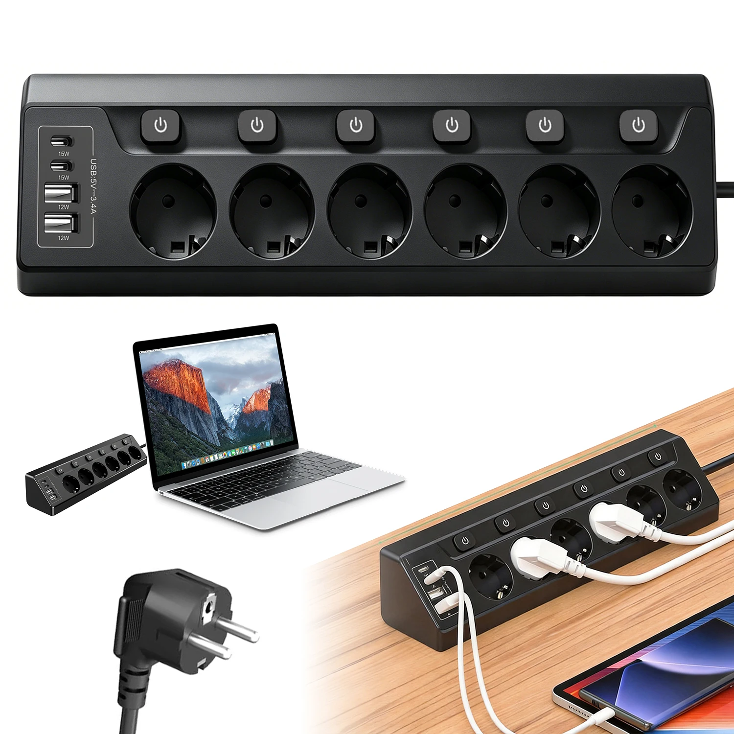 Multiprise multifonctionnelle 10-en-1 à 6 prises avec interrupteurs de contrôle individuels indépendants, chargeur de bureau compact et peu encombrant pour la recharge d'appareils domestiques et de bureau
