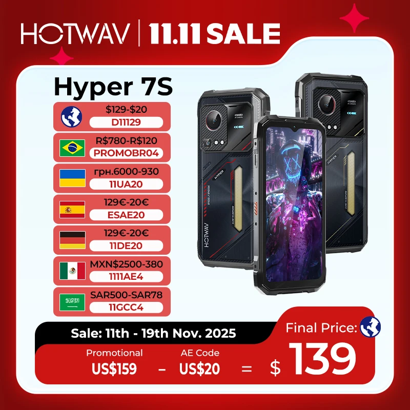 HOTWAV Hyper 7S teléfono resistente 5G octa-core Android 15 Smartphone 6,6 ''HD + 120Hz 10800mAh 20W teléfono móvil 4GB 256GB teléfono móvil