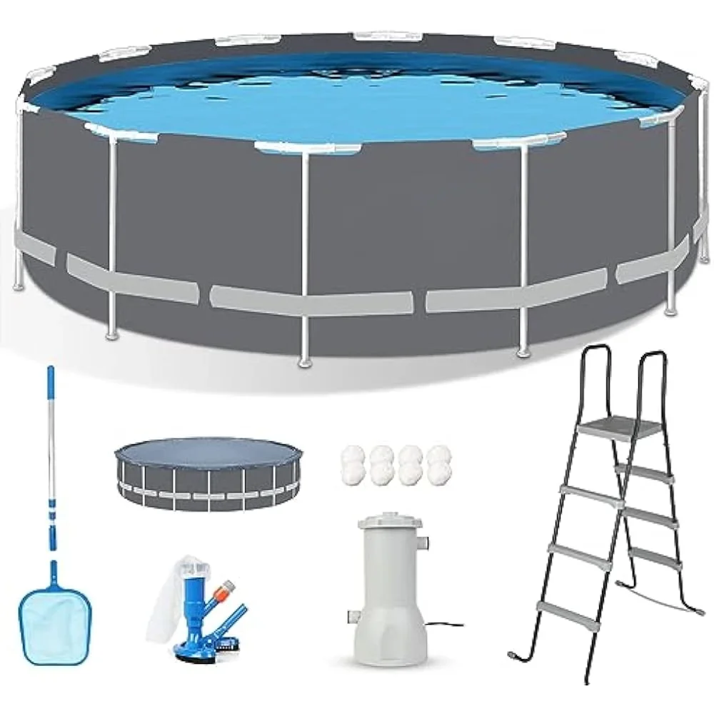 Frame Above Ground Swimming Pool Set Includes 1545 GPH Filter Pump, Cover, Ladder, Maintenance Kit, Grey, Round