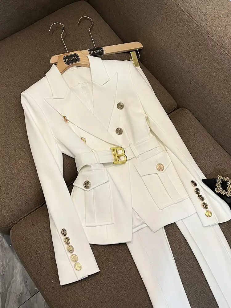 

Женский костюм приталенного кроя с металлическими бульками и кетами в черно-белом цвете для поездок на работу Long Sve Formal Wear B6964